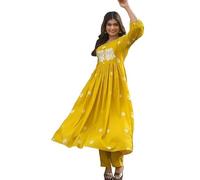 Sambhav Quilt Hub Women's Cotton Embrodiery Heavy Lack Work Anarkali Printed Kurta with Pant, Yellow, Medium