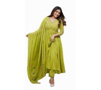 Sambhav Quilt Hub Women's Embroidered Anarkali Kurta and Pant Set with Printed Cotton Malmal Dupatta and Lace, Green, XXL