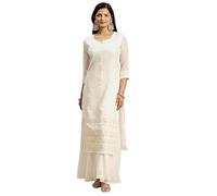 Sambhav Quilt Hub Women's Georgette Anarkali Lucknowi Chikankari Ethnic Wear Kurta Straight Kurti Kurta Tunic Dress, Cream, Medium