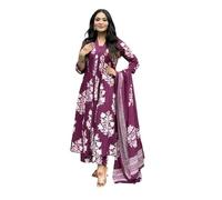 Sambhav Quilt Hub Women's Pure Block Print Cotton Handwork V Neck Kurta with Pants and Dupatta Set, Wine, XXL