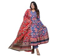 Sambhav Quilt Hub Women's Rayon Anarkali Ajrakh Indigo Printed V- Neck Kurta with Palazzo & Dupatta, Blue, XL
