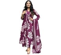 Sambhav Quilt Hub Womens Rayon Blend Anarkali Printed Kurta with Palazzo & Dupatta Festive Wedding Party Kurta Set, Purple, Large