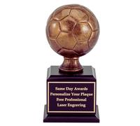 Same Day Awards Premium Bronze Soccer Ball Trophy | Free Engraving, 5 Lines of Text, Ebony Wood Base, Cast Resin Ball, Unisex Award, Large and Small Sizes Available