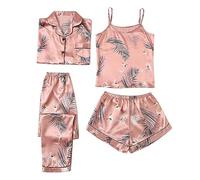 Same Day Delivery Pyjama Set for Women 4 Piece Satin Pyjamas Sleepwear Set Skin-Friendly Short Sleeve Strappy Cami T Shirts And Shorts Set Tops for Women Uk Clearance