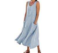Same Day Delivery Summer Dress Dress for Women 2022 Fashion Casual Solid Cotton Sleeveless with Pocket Loose Tank Maxi for Womens UK Party Wear Womens Plus Size Sky Blue