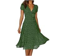 Same Day delivery Summer Dresses for Women UK Fashion Floral Print Maxi Dress Elegant V Neck Short Sleeve Beach Wear Slim Fit Waist Going Out Day clothinges Tiered Dresses for Ladies B Green
