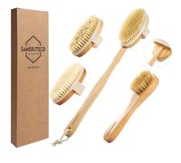 SAMEBUTECO 5 Packs Dry Brushing Set Natural Body Brush Wood Long Handle with 3 Detachable Heads, 1 Face Brush,Natural Boar Bristle Exfoliator for Lymphatic Drainage and Cellulite,Back Scrubber