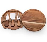 SAMFUNG Round Slide-Out Acacia Wood Cheese Board and 3 Piece Cheese Tool Set, 7.5 inch Diameter, Perfect Choice for Gifts