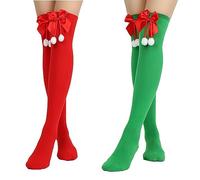 SamHeng 2 Pairs Women Knee Thigh High Socks for Christmas Long Solid over Knee Stockings with Bow and Fluffy Balls for Women Girls Halloween Christmas Party Costume