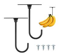 SamHeng 2 Pcs Banana Hooks, Metal Banana Holder Hook Under Cabinet Hook Banana Hanger Hook with Screws to Keep Bananas Fresh, Multi-Purpose Rotatable Black Hooks for Other Kitchen Items