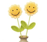 SamHeng 2 Pcs Handmade Knitted Smiling Sunflowers, Finished Crochet Sunflower Decor for Photo Booth Props, Vibrant Artificial Fake Flower Bouquets for Wedding Party Home Table Centerpieces Decoration