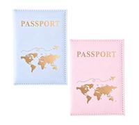 SamHeng 2 Pcs Universal Passport Holders, Portable Gold Foil Map Passport Cover for Women Men, PU Leather Slim Travel Wallet Case Organiser for Credit Cards Cash Tickets Boarding Passes (Blue & Pink)