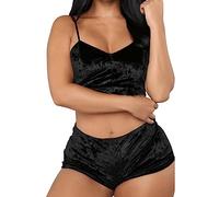 SamHeng 2PCS Short Pajama Set for Women, Sexy Velvet Camisole and Shorts Sleepwear for Ladies V Neck Lingerie Sleeveless Crop Top Nightwear-Black