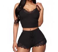 SamHeng 2PCS Short Pajama Set for Women, Spaghetti Strap Crop Top Lace Camisole and Shorts V-Neck Sleeveless Sleepwear PJ Set Nightwear(Black/M)