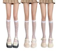 SamHeng 3 Pairs Knee High Socks, 3 Styles Elastic Printing Knee High Stockings Breathable Calf-Length Socks, See Through Nylon Stockings Fashion Sheer Pop Socks for Women Girls (White)