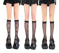 SamHeng 3 Pairs Knee High Socks, 3 Styles Elastic Printing Knee High Stockings Breathable Calf-Length Socks, See Through Nylon Stockings Fashion Sheer Pop Socks for Women Girls (Black)