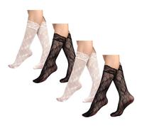 SamHeng 4 Pairs Women's Lace Mesh Socks Stylish Jacquard Hollow Out Calf Socks Breathable Nylon Hosiery Fashion Sheer Fishnet Stockings for Women and Girls (Black & White)