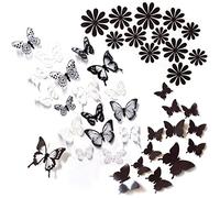 SamHeng 42 Pcs Butterfly Flower Wall Stickers, Removable 3D Butterflies Wall Decor Art Mural Adhesive Sunflower Wall Decals with Sticky Dots for Home Party Wedding Decoration (Black&White)