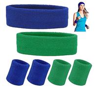 SamHeng 6 Pieces Sweatband Set, 2 Pcs Sport Headbands and 4 Pcs Moisture Wicking Wristband for Men Women, Sweat Bands for Gym Tennis Football Basketball Running Athletic Exercise Fitness (Blue+Green)