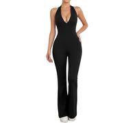 SamHeng Backless Gym Jumpsuit for Women Black Halter Neck Bodycon Bodysuit Seamless Deep V Flared Wide Leg Yoga Playsuit Slim Fit Casual Full Length Jumpsuits Workout Going Outfits, XL