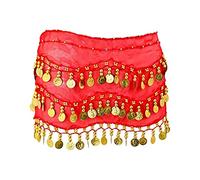 SamHeng Belly Dance Hip Scarf with 128 Dangling Gold Coins, Chiffon 3 Rows Belly Dance Skirt Wrap Belt, Belly Dance Costume Accessories for Women Girls