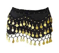 SamHeng Belly Dance Hip Scarf with 128 Dangling Gold Coins, Chiffon 3 Rows Belly Dance Skirt Wrap Belt, Belly Dance Costume Accessories for Women Girls