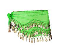 SamHeng Belly Dance Hip Scarf with 128 Dangling Gold Coins, Chiffon 3 Rows Skirt Wrap Belt, Dance Costume Accessories for Women Girls