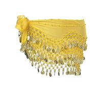 SamHeng Belly Dance Hip Scarf with 128 Dangling Gold Coins, Chiffon 3 Rows Skirt Wrap Belt, Dance Costume Accessories for Women Girls