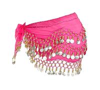 SamHeng Belly Dance Hip Scarf with 128 Dangling Gold Coins, Chiffon 3 Rows Skirt Wrap Belt, Dance Costume Accessories for Women Girls