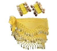 SamHeng Belly Dance Hip Scarf with Bracelet, 128 Coins Belly Dance Skirt Wrap Belt with Wrist Ankle Bracelets, Dance Skirt Belt Waist Chain for Belly Dance, Zumba or Yoga Class, Performance Costume