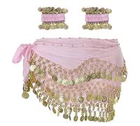 SamHeng Belly Dance Hip Scarf with Bracelet, 128 Coins Belly Dance Skirt Wrap Belt with Wrist Ankle Bracelets, Dance Skirt Belt Waist Chain for Belly Dance, Zumba or Yoga Class, Performance Costume