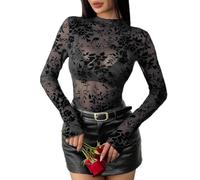 SamHeng Black Mesh Sheer Floral Top for Women, Sexy Flower Print Long Sleeve Tops See Through Round Neck Y2K Going Out Top Slim Fit Base Shirt Blouses Casual Tee Shirts Clubwear Streetwear (M)