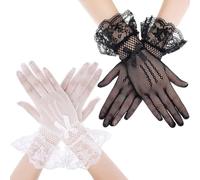 SamHeng Bow Lace Gloves for Women, 2 Pairs Elegant Ruffled Lace Cuff Short Gloves See Through Fishnet Gloves, Floral Bridal Gloves Mesh Mittens for Wedding Opera Evening Tea Party Fancy Costume
