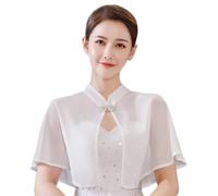 SamHeng Chiffon Wedding Shawl Wrap for Women, White Rhinestone Buckle Evening Cape Bridal Sheer Cover Up Scarf Open Front Party Dress Bolero Shrug Cardigans Elegant UV Protection Capelet for Lady
