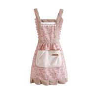 SamHeng Floral Apron for Women, Princess Style Ruffle Kitchen Apron with Hand Wipe Pocket, Flower Chef Apron for Cooking Baking Painting Gardening BBQ Coffee House (Pink)