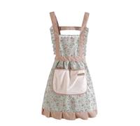 SamHeng Floral Apron for Women, Princess Style Ruffle Kitchen Apron with Hand Wipe Pocket, Flower Chef Apron for Cooking Baking Painting Gardening BBQ Coffee House (Green)