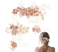 SamHeng Flower Wedding Hair Accessories for Women, 4 Pcs Classy Bridal Floral Hair Pins Rhinestones Pearls Hairs Side Combs Hairpins Crystal Headpiece for Brides Bridesmaids Ladies Girls (Pink)