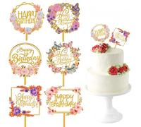 SamHeng Happy Birthday Cake Toppers, 6 Pcs, Flower Pattern