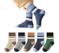 SamHeng Kids Boys Cotton Socks, 5 Pair Breathable Striped Calf Socks Soft Elastic Mid Cut Toddler Socks, Fashion Children Causal Socks Crew Socks Daily School Socks for 3-9 Years