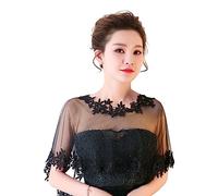 SamHeng Lace Wedding Cape for Bridal, Women Embroidered Flower Bolero Shawl Wrap Shoulder Cover-Up Tulle Capelets for Evening Prom Party Fancy Dress Performance Photo Props (Black)