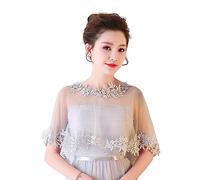SamHeng Lace Wedding Cape for Bridal, Women Embroidered Flower Bolero Shawl Wrap Shoulder Cover-Up Tulle Capelets for Evening Prom Party Fancy Dress Performance Photo Props (Grey)