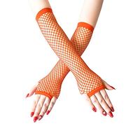 SamHeng Long Fishnet Gloves, Orange Fingerless Arm Warmers Mesh Fancy Dress Gloves, Fancy Dress Punk Accessory for Women Girls Kids 80s Costume Evening Party Supplies Tutu Rave Hen Night