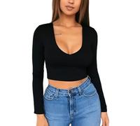 SamHeng Long Sleeve Crop Tops for Women Stretchy T-Shirt Ladies Short Plain Scoop Neck Top Sexy Slim Fit Casual Wear Black-M