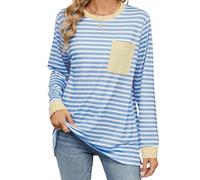 SamHeng Long Sleeve Striped Tops for Women, Color Block Pocket Sweatshirt Crewneck Tee Shirts Casual Loose Pullover Tunic Top Blouse Shirt with Side Split for Spring Autumn Winter (Blue White)