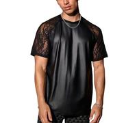 SamHeng Men's Faux Leather Vest, Lace Patchwork Raglan Short Sleeve Wet Look T-Shirt, Slim Fit Black Crew Neck Party Tee Tops Nightout Club 70s/80s Disco Blouse Tshirt