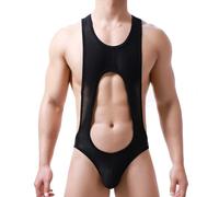 SamHeng Men's Leotard Bodysuit Fishnet Sleeveless Lingerie One Piece Jockstrap Jumpsuit Sexy See Through Thong Underwear Briefs Nightwear Club Undershirt Black/L