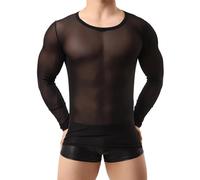SAMHENG Men's Long Sleeve Tops, Sexy See Through Sheer Mesh Undershirt for Men, Slim Fit Gym Training Workout Tee Shirt Pullover Round Neck Transparent Tops Clubwear Party Rave Disco Performance