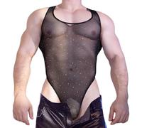SamHeng Men's Mesh Sequin Bodysuit See Through Crossdresser Lingerie Black