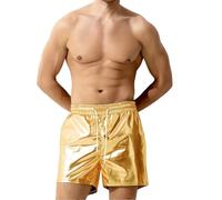 SamHeng Mens Metallic Shorts, Sexy Rave Hot Short with Side Pockets, Elastic Metallic Pu Leather Shorts for Clubwear, Sparkly Shorts for Dancewear Nightclub Rave Party, Loose Casual Shorts Pants Gold