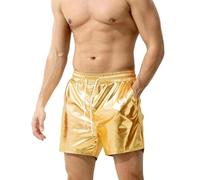 SamHeng Mens Metallic Shorts, Sexy Rave Hot Short with Side Pockets, Elastic Metallic Pu Leather Shorts for Clubwear, Sparkly Shorts for Dancewear Nightclub Rave Party, Loose Casual Shorts Pants Gold
